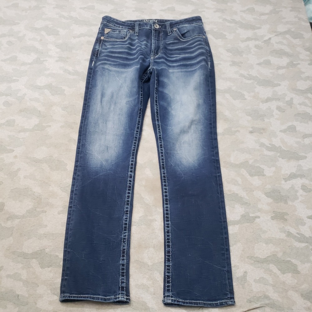 Salvage Mayhem Straight Jeans Mens 34x34 Blue Pockets Denim Dark Wash Whiskered